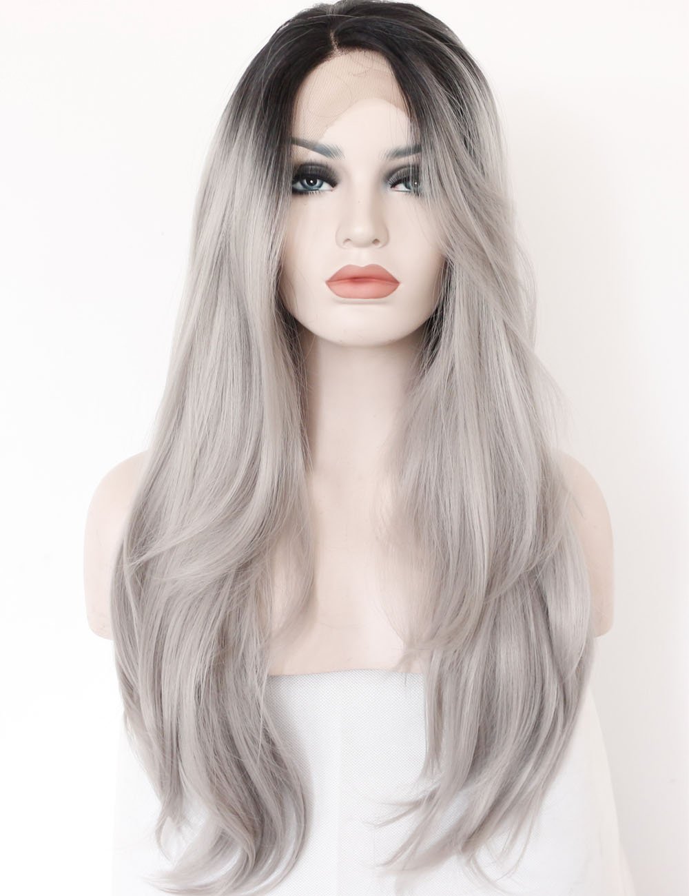 Daifeer Ombre Gray 2 Tones Synthetic Lace Front Wig Dark Roots Long Natural Straight Silver Grey Replacement Hair Wigs For Women Heat Resistant Fiber Hair Half Hand Tied 22 Inches