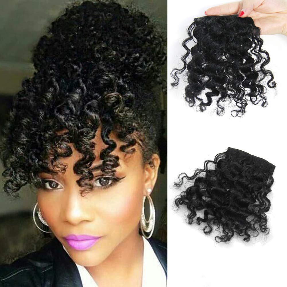 Daifeer Kinky Curly Human Hair Bangs Clip in Bangs Hair Extension Real 10 A Curly Hair Bangs Black Color