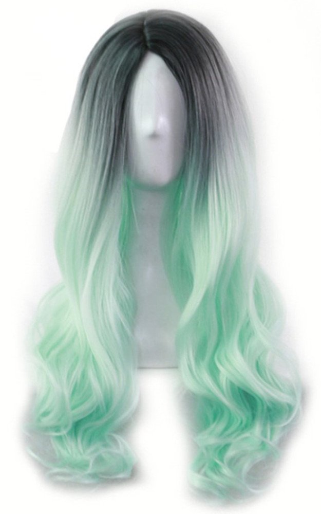 Daifeer Ombre Wig Long Wavy 2 Tone Black and Green Ombre Wig Dark Roots Heat Resistant Fiber Full Wigs for Women (Black to Green)